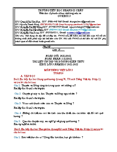 Nội dung tự học các môn Lớp 3 - Tuần 10 (Có đáp án) - Năm học 2021-2022 - Trường Tiểu học Phan Bội Châu