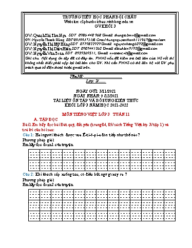 Nội dung tự học các môn Lớp 3 - Tuần 11 (Có đáp án) - Năm học 2021-2022 - Trường Tiểu học Phan Bội Châu