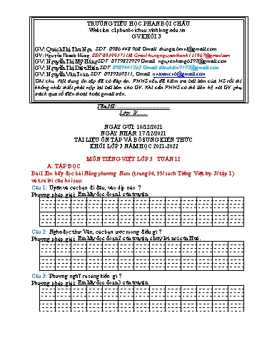 Nội dung tự học các môn Lớp 3 - Tuần 12 (Có đáp án) - Năm học 2021-2022 - Trường Tiểu học Phan Bội Châu