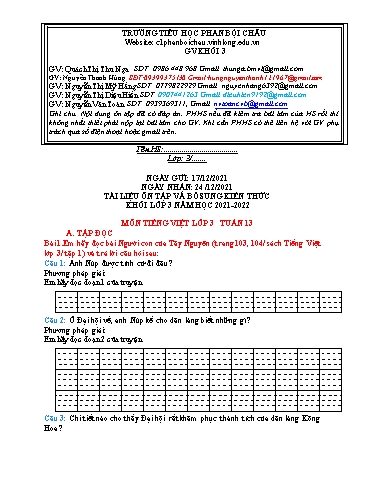 Nội dung tự học các môn Lớp 3 - Tuần 13 (Có đáp án) - Năm học 2021-2022 - Trường Tiểu học Phan Bội Châu
