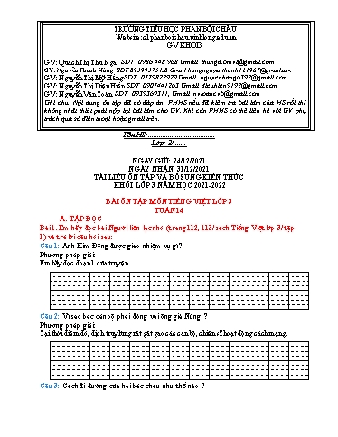 Nội dung tự học các môn Lớp 3 - Tuần 14 (Có đáp án) - Năm học 2021-2022 - Trường Tiểu học Phan Bội Châu