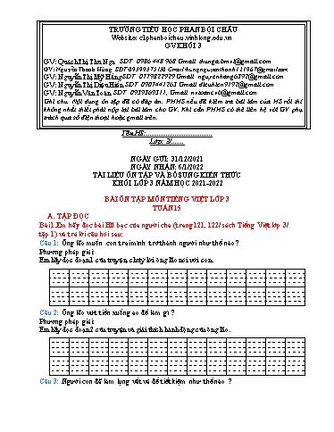 Nội dung tự học các môn Lớp 3 - Tuần 15 (Có đáp án) - Năm học 2021-2022 - Trường Tiểu học Phan Bội Châu