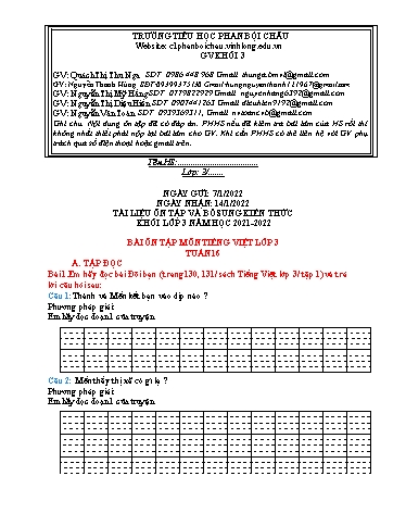 Nội dung tự học các môn Lớp 3 - Tuần 16 (Có đáp án) - Năm học 2021-2022 - Trường Tiểu học Phan Bội Châu