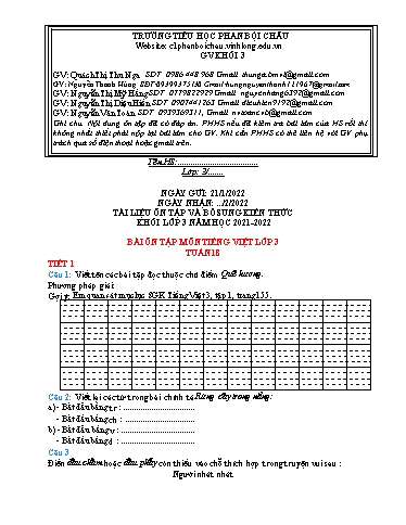 Nội dung tự học các môn Lớp 3 - Tuần 18 (Có đáp án) - Năm học 2021-2022 - Trường Tiểu học Phan Bội Châu