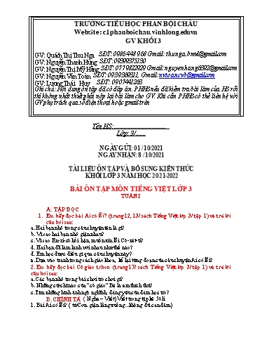 Nội dung tự học các môn Lớp 3 - Tuần 2 (Có đáp án) - Năm học 2021-2022 - Trường Tiểu học Phan Bội Châu