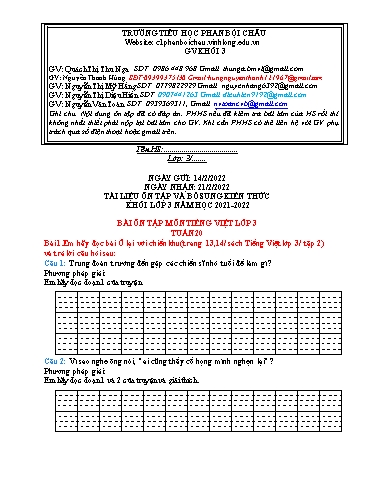 Nội dung tự học các môn Lớp 3 - Tuần 20 (Có đáp án) - Năm học 2021-2022 - Trường Tiểu học Phan Bội Châu