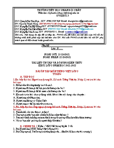 Nội dung tự học các môn Lớp 3 - Tuần 4 (Có đáp án) - Năm học 2021-2022 - Trường Tiểu học Phan Bội Châu