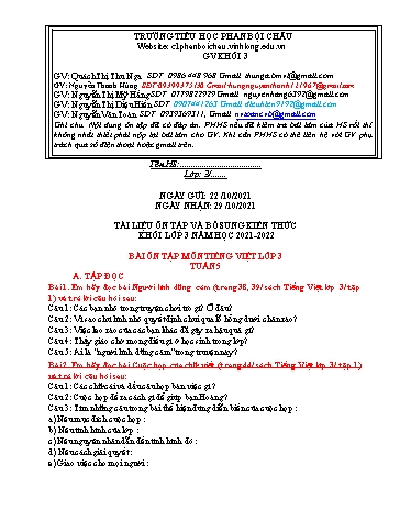 Nội dung tự học các môn Lớp 3 - Tuần 5 (Có đáp án) - Năm học 2021-2022 - Trường Tiểu học Phan Bội Châu