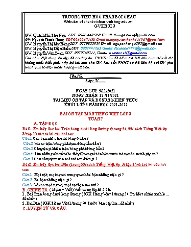 Nội dung tự học các môn Lớp 3 - Tuần 7 (Có đáp án) - Năm học 2021-2022 - Trường Tiểu học Phan Bội Châu