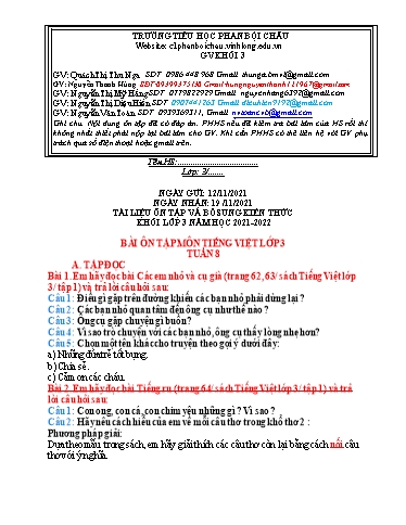 Nội dung tự học các môn Lớp 3 - Tuần 8 (Có đáp án) - Năm học 2021-2022 - Trường Tiểu học Phan Bội Châu