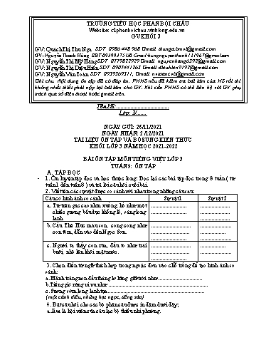 Nội dung tự học các môn Lớp 3 - Tuần 9 (Có đáp án) - Năm học 2021-2022 - Trường Tiểu học Phan Bội Châu