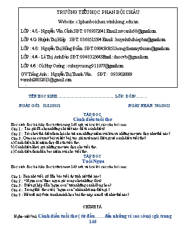 Nội dung tự học các môn Lớp 4 - Tuần 15 (Có đáp án) - Năm học 2021-2022 - Trường Tiểu học Phan Bội Châu