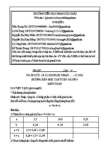 Nội dung tự học các môn Lớp 5 - Tuần 10 (Có đáp án) - Năm học 2021-2022 - Trường Tiểu học Phan Bội Châu