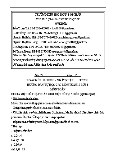 Nội dung tự học các môn Lớp 5 - Tuần 12 (Có đáp án) - Năm học 2021-2022 - Trường Tiểu học Phan Bội Châu
