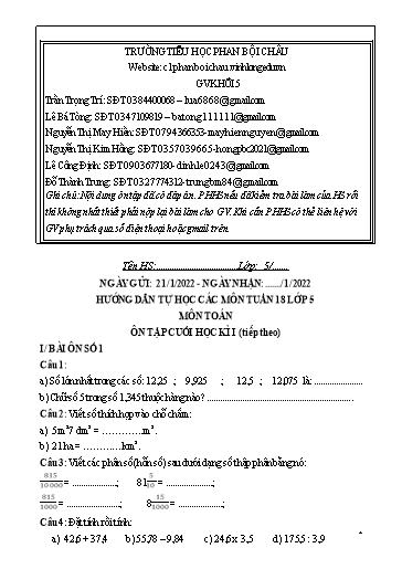 Nội dung tự học các môn Lớp 5 - Tuần 18 (Có đáp án) - Năm học 2021-2022 - Trường Tiểu học Phan Bội Châu