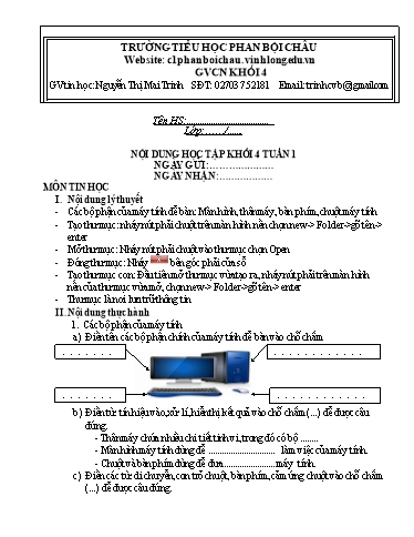 Nội dung tự học môn Tin học Lớp 4 - Tuần 1 (Có đáp án) - Năm học 2021-2022 - Trường Tiểu học Phan Bội Châu
