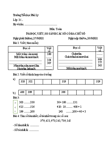 Ôn tập môn Toán học Lớp 3 - Tuần 1 - Năm học 2021-2022 - Trường Tiểu học Phù Ly