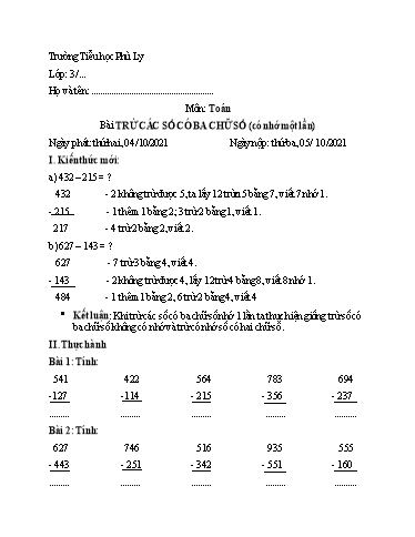 Ôn tập môn Toán học Lớp 3 - Tuần 2 - Năm học 2021-2022 - Trường Tiểu học Phù Ly